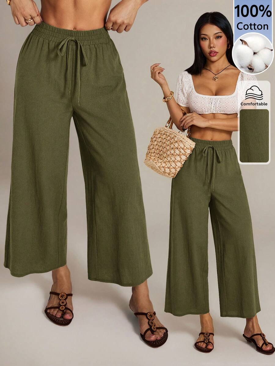 SHEIN PETITE Women's Solid Color Drawstring Waist Casual Versatile Daily Wear Wide Leg Long Pants Vacation Olive Green Summer - Army Green - View 1