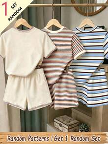 (Patrón Aleatorio, 1 Set Aleatorio) Conjunto de Camiseta Corta Básica y Pantalones Cortos con Estampado de Rayas Coloridas, Flores y Limones Minimalista de Moda para Niñas, Atuendo Diario de Verano - Multicolor - Ver 2