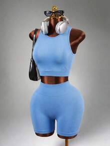 Mistrie Contrast Trim Crop Sports Workout Tank Tops Gym Top Fitted Shirt - Baby Blue - View 5