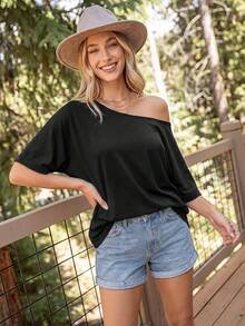 Coeurva Women Black T-Shirt Asymmetric Neck Relaxed Fit Solid Color Back To School Campus Charming Attractive Spring Dinner Fitted Downtown Casual - Black - View 6