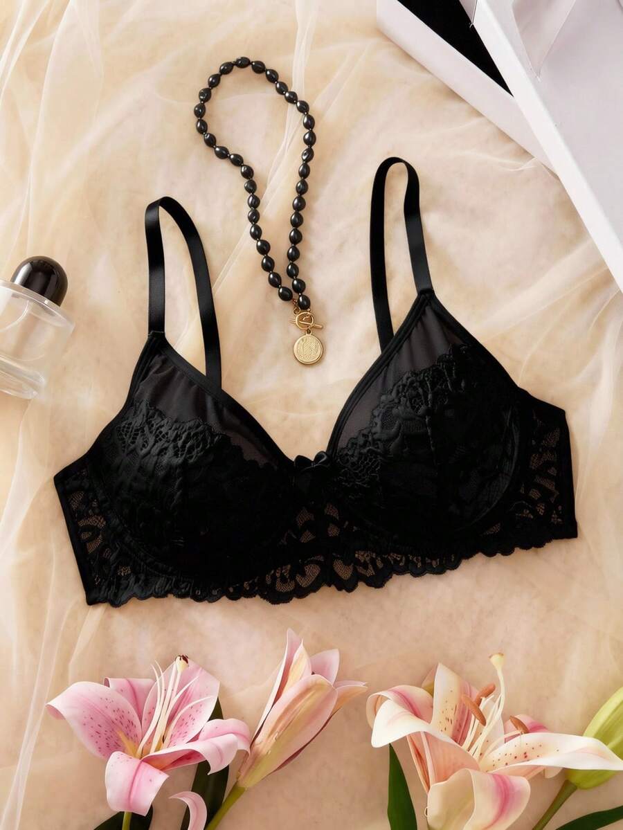 Crystal Vow Lace Patchwork Solid Color Underwire Push-Up Semi-Sheer Unlined Women's Bra - Black - View 1