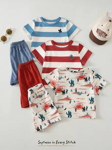 Cozy Pixies Baby Jungen 3-teiliges Set mit bunt gestreiftem Nomad-Stil, Kaktus-Sonnenaufgang-Wüstenmuster, weichem Strick-Pullover mit Rundhalsausschnitt und Kurzarm sowie Shorts mit elastischem Bund, lässig für den Urlaub - Verschiedenfarbig - Übersicht 3
