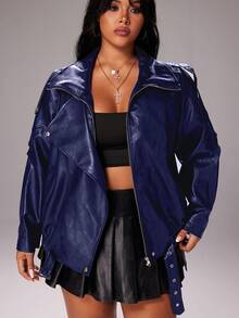 Rustia Plus Size Premium Street Style Cool Autumn New Loose Fit Versatile Fashion Motorcycle Leather Jacket Winter - Navy Blue - View 5
