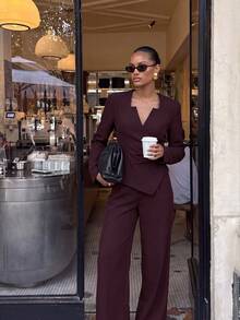 Lumalex Deep Plum Wrap Blazer With Notched Square Neck Asymmetric Front Ruched Waist Back Waist Tie Long Sleeves Tailored Suit Jacket Autumn Work Style - Burgundy - View 9