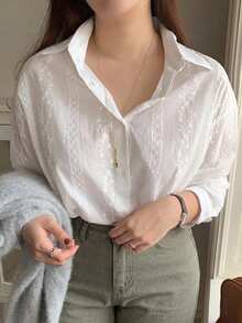 Dazy Plus Camisa Casual de Manga Longa Jacquard Fina Branca Versátil, Primavera/Outono - Branco - Visão 3