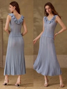 MOTF PREMIUM SUMMER FASHION RUFFLE KNIT TOP AND SKIRT SET - Blue - View 6