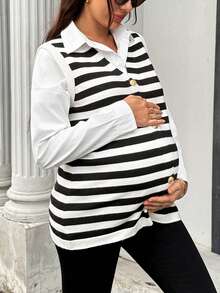 SHEIN Maternity Colorblock Striped Sleeveless Button Knit Vest,Autumn Outfit For Women - Black and White - View 4