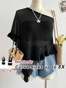 SHEIN CURVE+ 大尺碼女款純色不對稱單肩休閒性感日常穿搭毛衣 2026年秋季 22W 度假約會之夜 黑色 - 黑色 - 查看 1