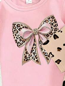 (Random Pattern, 1 Set Random) Baby Girl Glitter Leopard Print Heart Bow Rabbit Cartoon Pattern Basic Short T-Shirt And Leggings Set - Multicolor - View 5