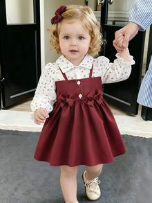 SHEIN Playful Pals 酒紅色碎花 2 合 1 女嬰洋裝，秋季新款甜美公主風洋裝，翻領、泡泡袖、蝴蝶結設計，時尚女嬰洋裝 - 酒紅色 - 查看 4