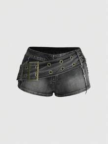 ROMWE Grunge Punk Denim Shorts Retro Big Belt Metal Color-Block Sexy Hot Girl Personalized Niche - Black - View 1