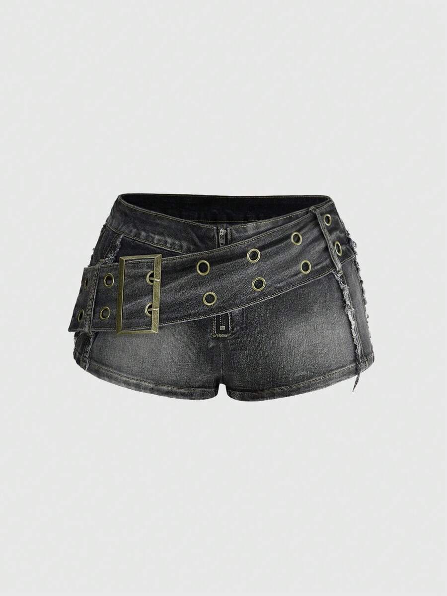 ROMWE Grunge Punk Denim Shorts Retro Big Belt Metal Color-Block Sexy Hot Girl Personalized Niche - Black - View 1