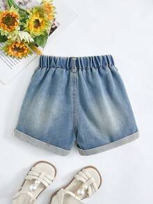 SHEIN Genkimix Kids 女嬰牛仔夏季短褲 水洗藍復古翻邊直筒短褲 - 藍色 - 查看 2