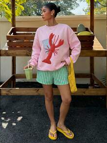 SHEIN EZwear 休閒圓領長袖寬鬆女款衛衣，粉色衛衣，龍蝦印花，度假，夏季，街頭風，適合日常通勤，約會，聚會，秋冬/夏季，派對，婚禮，海灘，畢業典禮，優雅，休閒，外出，Y2K，音樂節，假期，返校 - 粉色 - 查看 5