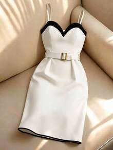 GlowEve CURVE Plus Size Women's Colorblock Fitted Elegant Cami Dress - Black and White - View 5