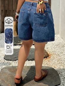 Dazy Plus Celana Pendek Denim Biru Tua dengan Bordir Pita di Saku Belakang, Potongan Lurus, Panjang Selutut, Musim Semi/Panas - Medium Wash - View 2