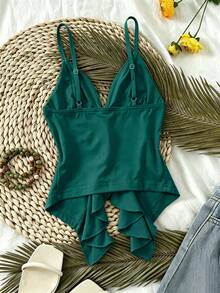 Selianne Hot Summer French Elegant Daily Date Street Outfit | Women's Front Tie Ruffle Spaghetti Strap Slim Fit Figure Flattering Cami Tank Top - Teal Blue - View 2