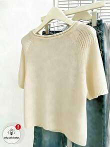 INAWLY Women's Solid Color Regular Style Short Sleeve Crew Neck Knit Top - Apricot - View 2