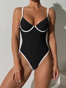 Swim Chiccia 棕色 Monokini 全新纯色软杯带钢圈高开裆拼接拼色泳衣 - 黑色 - 查看 3