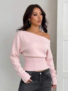 SHEIN PETITE 3D花朵不對稱單肩米色秋冬浪漫寬鬆針織毛衣 - 粉色 - 查看 7