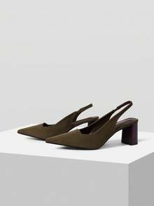 Mnmlis Spring And Summer Simple Slingback Design Pointed Toe Thick Heel, Retro Suede Dark Brown Shoes Commuting Dating - Brown - View 5