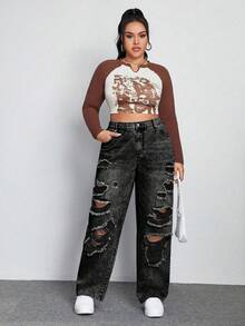 SHEIN ICON Jeans de pierna recta de novio con efecto desgastado para talla grande - Gris Oscuro - Ver 3