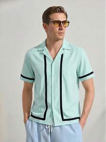 VeloEdit Blue Men's Summer Casual Plaid & Floral Print Shirt Textured Front Button Embroidered Premium Fabric Wardrobe Essentials Outfit Ideas Laid-Back Look - Blue - View 1