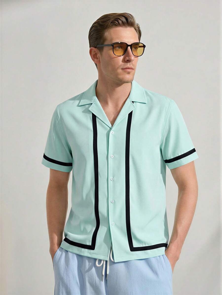 VeloEdit Blue Men's Summer Casual Plaid & Floral Print Shirt Textured Front Button Embroidered Premium Fabric Wardrobe Essentials Outfit Ideas Laid-Back Look - Blue - View 1