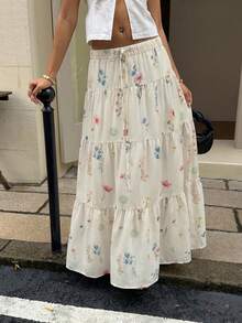 MainGRL Women's Floral Print Ruffled Drawstring Waist Casual Skirt For Vacation - White - View 4