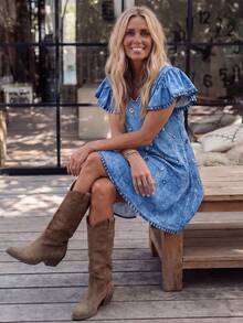 LanaWest Vestido corto de mujer con cuello en V, de punto, estampado de denim con patrón de strass y mangas con volantes, corte A - Azul - Ver 3