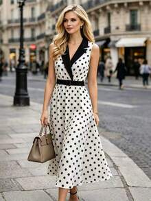 Selianne Women's Elegant Tailored Stand Collar Sleeveless Waist Patchwork Contrast Color Flared White Polka Dot Vintage Party Office Tea Party Dress Summer - White - View 4