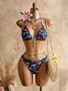 Swim Mod 2pcs/Set Spring/Summer Multi-Color Print Triangle Bikini Set With Random Halter Tie Bottoms, Women's Casual Tropical Beach Vacation Brown Floral - Multicolor - View 2