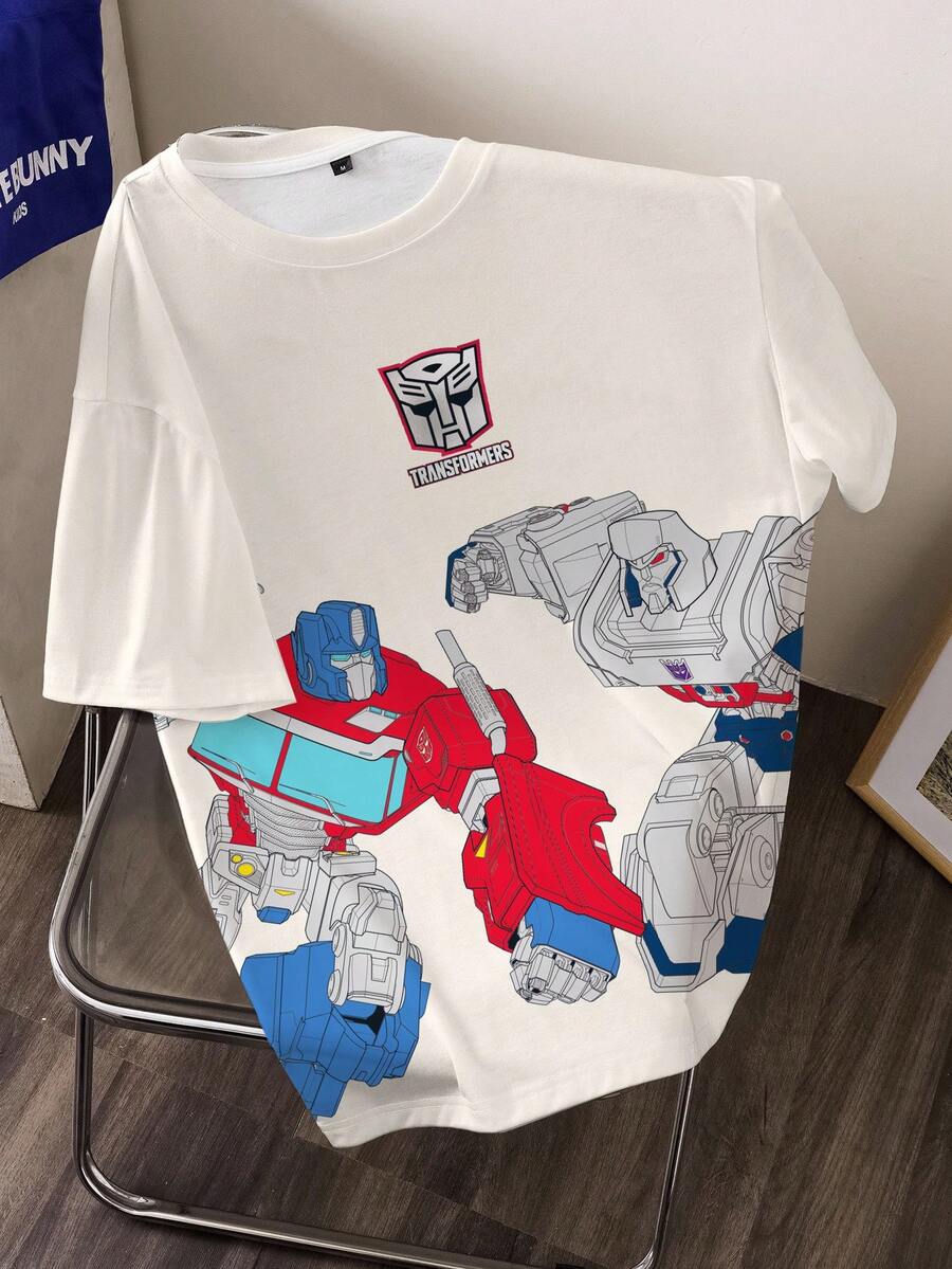 Transformers X SHEIN 男士夏季休閒卡通印花T恤 - 白色 - 查看 1