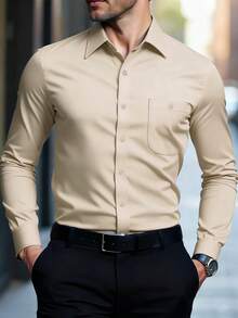 Manfinity Mode 男士正裝襯衫 素色長袖彈性防皺 正式商務休閒鈕扣領襯衫 - 卡其色 - 查看 3