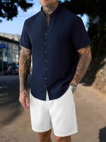 Manfinity Homme Men's Solid Color Short Sleeve Stand Collar Button Placket Shirt And Shorts Set, Men's 4th Of July ,Men's Vacation Outfit,Gift - Multicolor - View 7