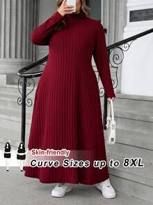 SHEIN CURVE+ 女款大尺碼秋冬針織羅紋高領長袖A字洋裝 - 酒紅色 - 查看 1