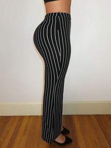 SHEIN SXY 女款條紋休閒百搭日常穿著長褲 - 黑與白 - 查看 5