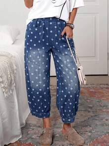 Breezaya Plus Size Jacquard Denim Cropped Dad Pants - Blue - View 4