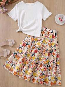SHEIN Teen Girl Simple Round Neck Ruffle Trim T-Shirt And Floral Print Midi Skirt Set, Casual Vacation - White - View 6