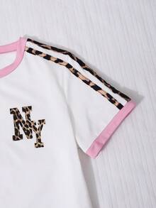SHEIN 2件組青少年女孩寬鬆休閒拼色領字母印花短袖T恤與純色織帶豹紋長褲套裝，修身顯瘦，適合夏季旅行、度假、上學及其他外出場合 - 棕色 - 查看 4