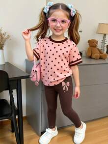 Elladie kids 女童舒適可愛清新波點條紋字母印花基本款短袖T恤＋蝴蝶結內搭褲套裝 - 彩色 - 查看 3