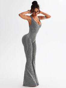 Slayform 1pc Leopard Print Twisted Back Waist Deep V Neck Flare Leg Jumpsuit - Grey - View 9