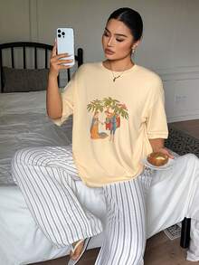 Dazy Plus Summer Pattern Print T-Shirt Top & Striped Pajama Pants Set, Plus Size Women's Spring/Summer Yellow Pajama Set - Yellow - View 4