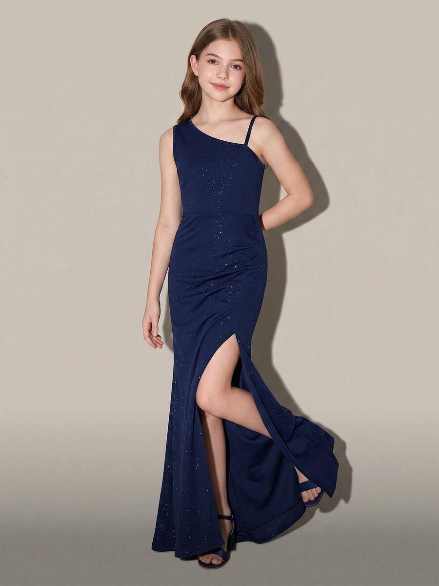 Tween Girls Elegant Back To School Casual Solid Color Asymmetrical Neck One-Shoulder Slim Fit Top - Navy Blue - View 1