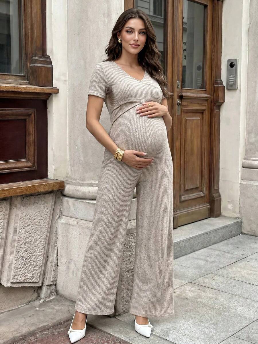 MaterniWear Maternity Solid Color Nursing Function Casual Daily Wear Jumpsuit - Khaki - View 1