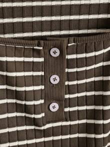 SHEIN Franclia Women's Brown Striped Square Neck Short Sleeve T-Shirt, Beach Vacation Cute Coastal Chic Elegant, Suitable For Spring/Summer, Winter, National Day - Brown - View 6