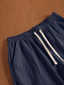 Manfinity Hypemode Pantalones cortos casuales y cómodos de algodón y lino con cordón para hombres, para vacaciones - Azul Marino - Ver 4