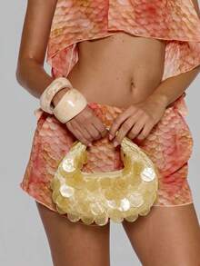 MUSERA Ladies, Women Imitation Round Seashell Pieces Top Handle Bags, Handmade Bag, Fashionable, Elegant, Simple, Personalized, Versatile, For Beach, Vacation, Holiday, Summer, Seaside, Beach Party - Butter Yellow - View 3