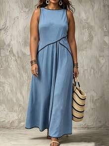 Linhara Plus Size Women's Casual Round Neck Sleeveless Solid Color Dusty Blue Long Dress, Summer Vacation Outfit, Beach Elegant Fabric, Fashion Home - Blue - View 1