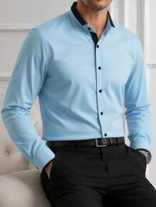 Manfinity Mode Men's Casual Business Contrast Trim Front Button Long Sleeve Shirt, Formal - Baby Blue - View 3
